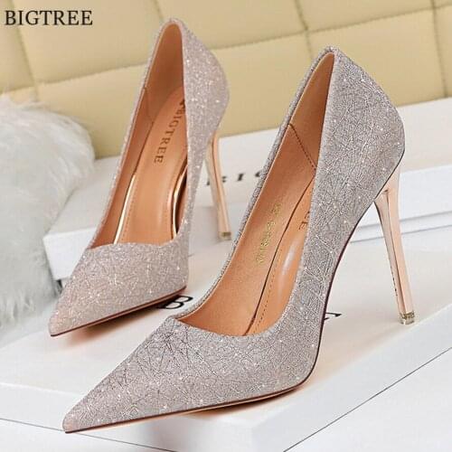 Bling Sexy Nightclub Women Pumps Spring Metal Thin Heels Pink Sliver Sequins Pointed Toe Dress Female Boat Shoes Fashion 10.5cm