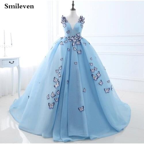 Smileven Fairy Sky Blue Formal Evening Dresses With Romantic Butterfly Flowers Proom Dresses Off The Shoulder Party Gowns