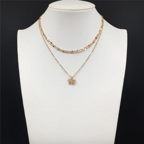 Trendy Gold Color Plating Sweet Butterfly Charm Flat Chain 3 Layered Necklace For Women Girl Party Decoration Cute Jewelry