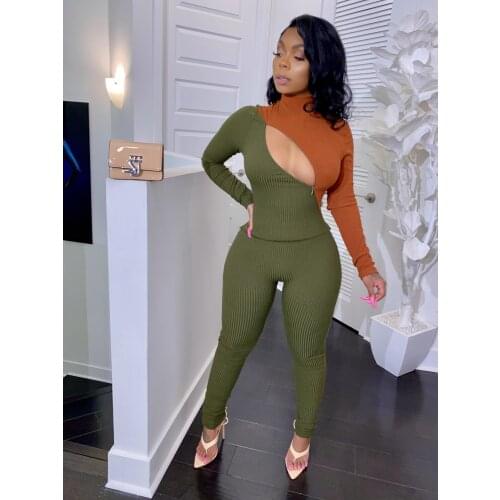 Women Ribbed Zipper Hollow Long Sleeve Skinny Tops and High Elastic Pencil Legging Autumn Winter Clothes Warm Two Piece Outfits