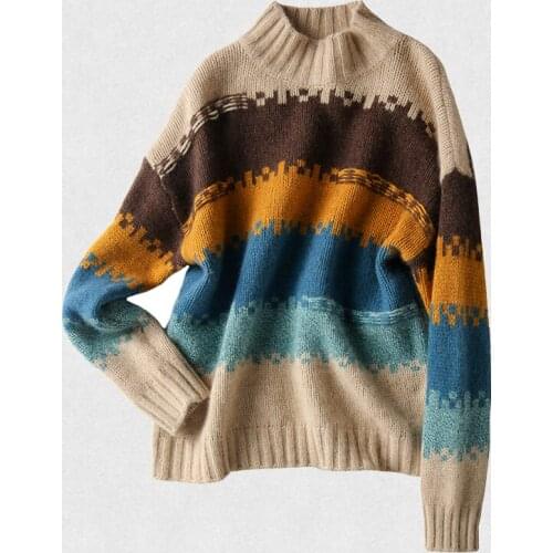 Women 2021 New Autumn Winter Casual Colorfull Knitted Striped Sweater Elegant Jumper Long Sleeve Turtleneck Pullover Tops