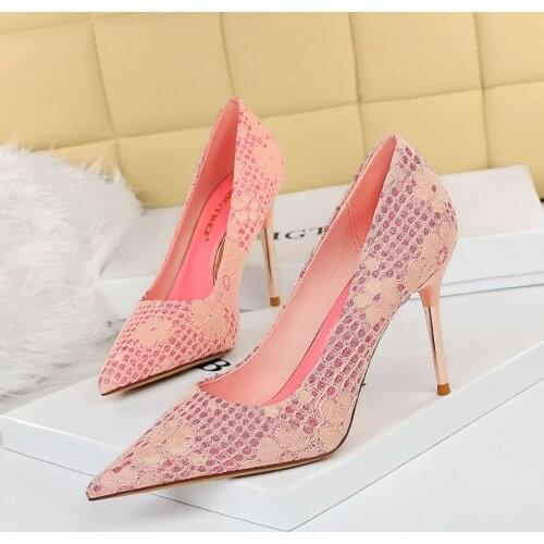 Womens Pink Sequined High Heels 9.5cm Slides Lace Flower Woven Pumps 43 Blue Pointed Toe Mesh Cloth Shoes Embroider Metal Heeled