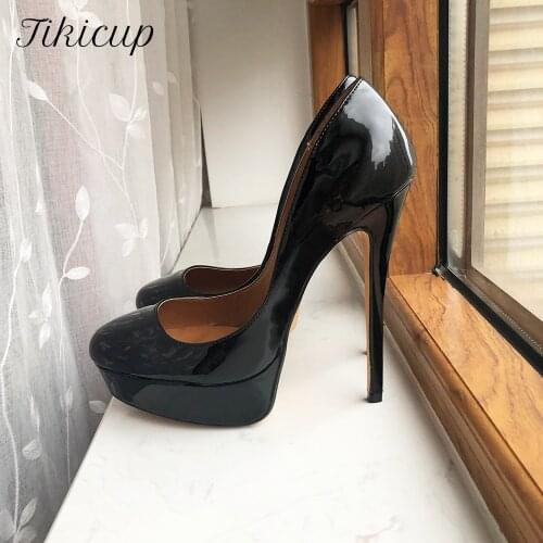 Tikicup 16cm/6" Ultra High Heel Women Patent Platform Pums Plus Size 40-48 Cross-Dresser Sexy Trans Stilettos Shoes