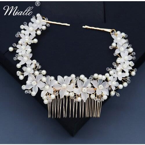 Miallo Bridal Wedding Hair Accessories Handmade Pearl Flower Headband for Women Hair Combs Bride Party Headpiece Jewelry Gift