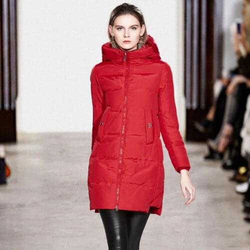 Winter red black thicker warm hooded duck down coats female oversized zipper stitching longer warm outerwear jackets F305