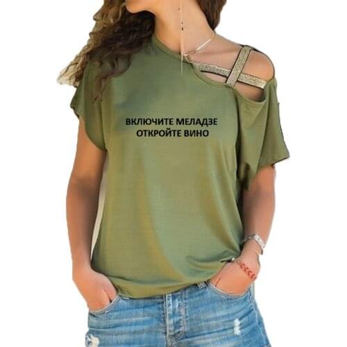 Turn on meladze open the wine Russian Letter Print Funny Teeshirt Women Short sleeve Loose Irregular Skew Cross Bandage Tops Tee