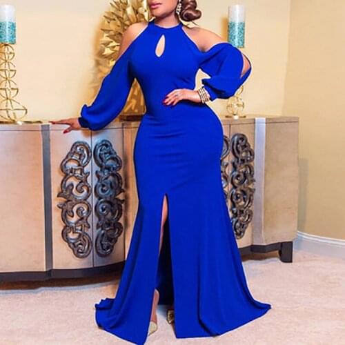 Women Long Satin Prom Party Dress Slit Trumpet Sweep Train Evening Gowns Full Sleeves Off The Shoulder Banquet Dresses