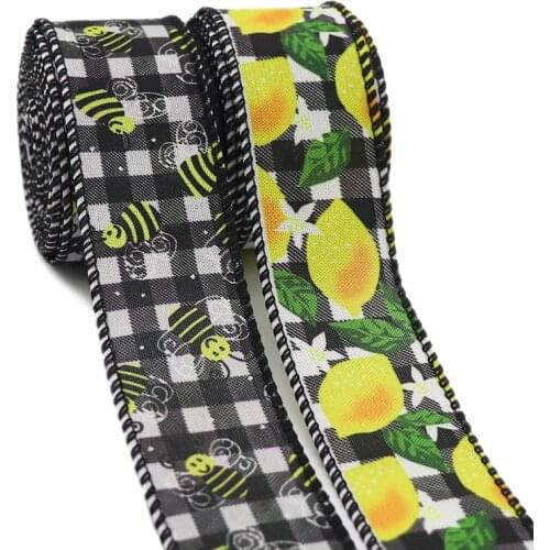 1.5" 38MM Bee Burlap Ribbon Wired Edge Lemon Gingham for Craft & DIY Butterfly Bow Wreath Home Christmas Decoration Accessories