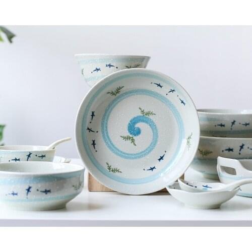 1pc Goldfish Dinner Plate Japanese Style Ceramic Bowl Dinner Dishes with Handle Rice Noodle Bowl Fish Dinnerware set