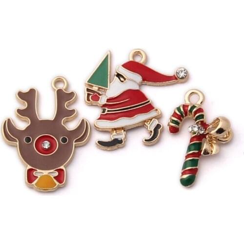 10pcs/Lot Enamel Santa Claus Elk Scepter Shape Zinc Alloy Diy Jewelry Bracelet Earring Keychain Accessory Pendant