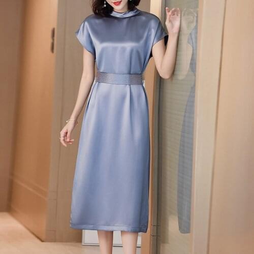 2021 Summer Fashion Red Mulberry Silk Satin Dresses Women Vintage Solid 3XL Plus Size Midi Dress Elegant Bodycon Party Vestidos