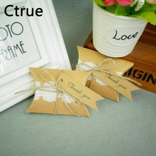 50pcs Kraft Paper Pillow Candy Box with thank you tag Rustic Wedding Favors Candy Holder Bags Wedding Party Gift Boxes