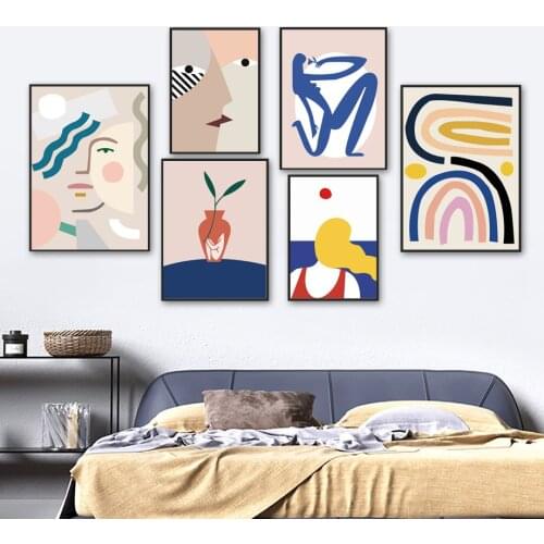 Abstract Line Girl Face Sea Sun Leaf Vase Wall Art Canvas Painting Nordic Posters And Prints Wall Pictures For Living Room Decor