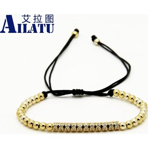 Ailatu Men Jewelry White Cz Curved Long Tube Macrame Bracelets with 4mm Copper Beads 10pcs/lot