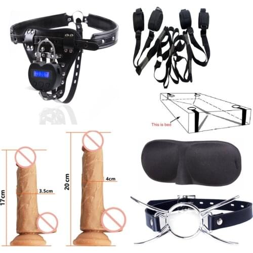 BDSM Bondage Digital Timer Switch, Erotic Under Bed Restraint Straps Wrist&Ankle Cuffs Strap Handcuff Eye Mask Dildos Sex Toys