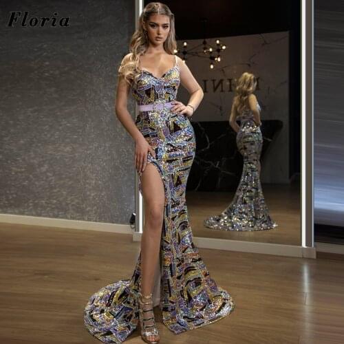 Shiny Arabic Mermaid Evening Dress Split Slit Dubai Women Prom Dresses For Reception 2021 Robe De Soiree Middle East Party Gowns