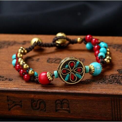 Handmade Tibet Nepal Charm Brass Beads Wax Friendship Bracelet Braided Wrap Bracelet Ethnic Boho Nepal Bracelet Jewelry