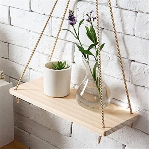 Premium Wood Swing Hanging Rope Wall Mounted Floating Shelves Plant Flower Pot Indoor Outdoor Decoration 35*14*0.85cm