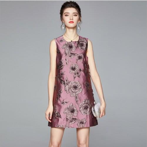 Lady Retro Style Womens Clothing Round Neck Sleeveless Beaded Loose Slimming Jacquard Vest Dress Lady Spring and summer dresses