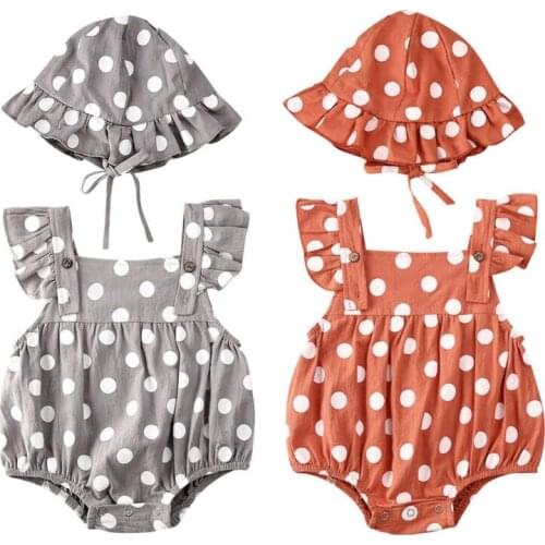 0-24M Newborn Toddler Infant Baby Boys Girls Sleeveless Cotton Dot Jumpsuit Romper +Hat 2PCS Clothes Set Sunsuit