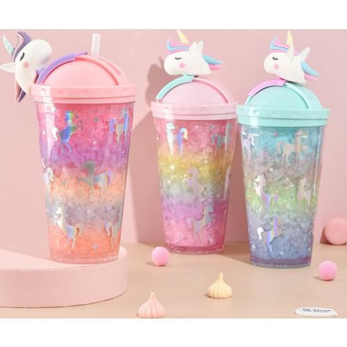 430ml Unicorn Carton Water Bottle With Straw Double Layer With Lid Clear Water Bottle Cute For Girls Kawaii Pink Drop Shipping