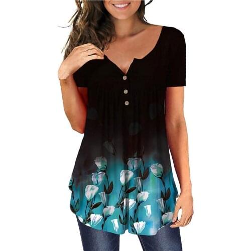 Summer Pint Womens Tunic Shirts Round Neck Buttons Blouse V-neck Long Sleeve Tunic Top Casual Loose Shirt Blouses Bluzki Damskie