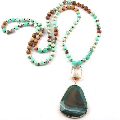 MOODPC Fashion Jewelry 108 Beads Multi Stone Knotted Crystal Link Facet Stone Drop Pendant Necklace Wome Yoga Necklace