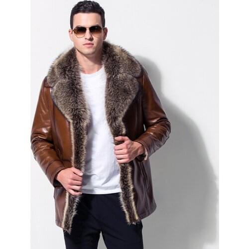 Male Leather fur outerwear European Style Clothing sheepskin Winter Mens fur collar fleece lined Faux Leather jacket Warm Coat