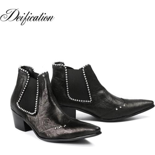 Deification Luxury Black Men Chelsea Boots 2018 Genuine Leather Med Heel Ankle Boots For Men Militares Footwear Zobairou Botas