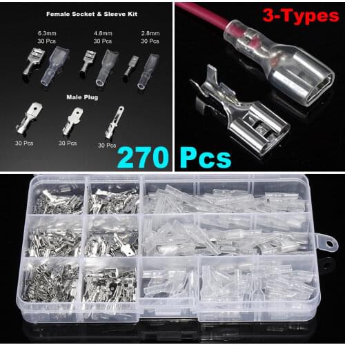 270pcs Mixed Female & Male Spade Crimp Terminal Connectors Set 2.8/4.8/6.3mm Widely Used In The Electrical Wire Connecting