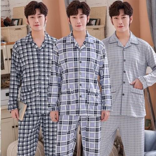 2021 Autumn Long Sleeve Pajama Set for Men Korean Casual Plaid Sleepwear Suit Pyjama Male Lounge Nightwear Homewear Home Clothes
