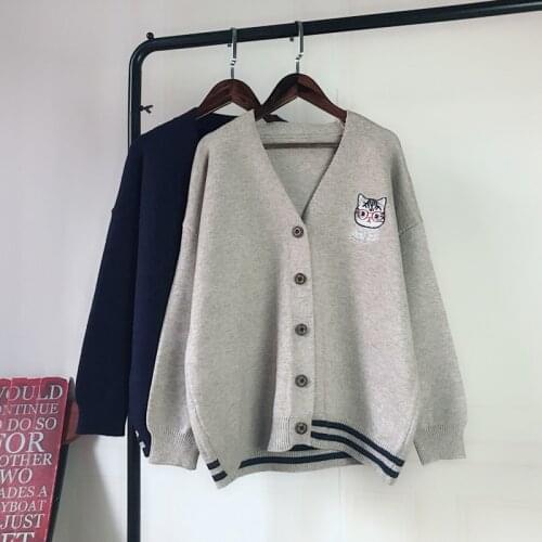 Autumn Winter Womens Cardigan Sweater New Cute Cat Embroidery Sweater Cardigan Wild Student Female Long-sleeved Shirt GD461