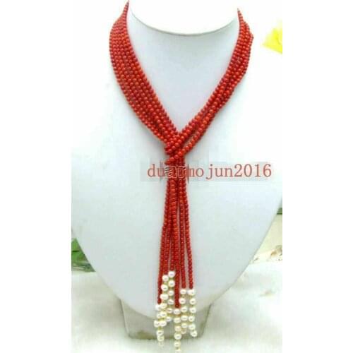 4mm Red coral white shell pearl 3 strands scarf necklace 50inch