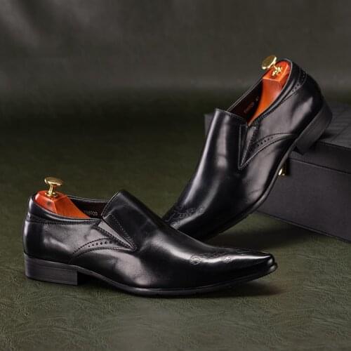 PJCMG Fashion Breathable Handmade Business Black Casual Genuine Leather Pointed Toe Oxford Dress Wedding Men Shoes