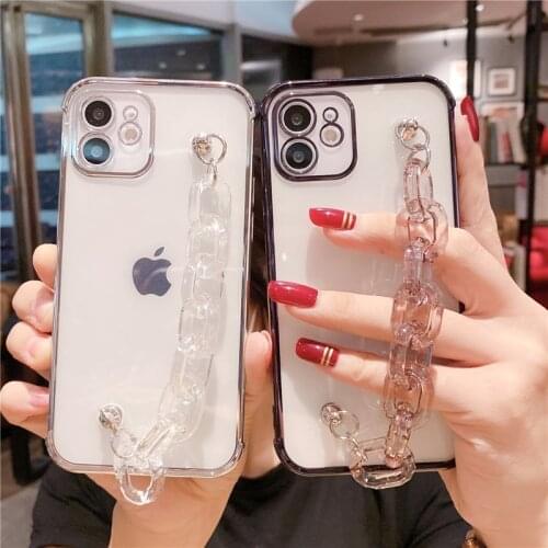 Transparent Plating Frame Bracelet Case For iPhone 12 Mini 11 Pro Max X XR XS 7 8 Plus Wristband Chain Soft Silicone Strap Cover