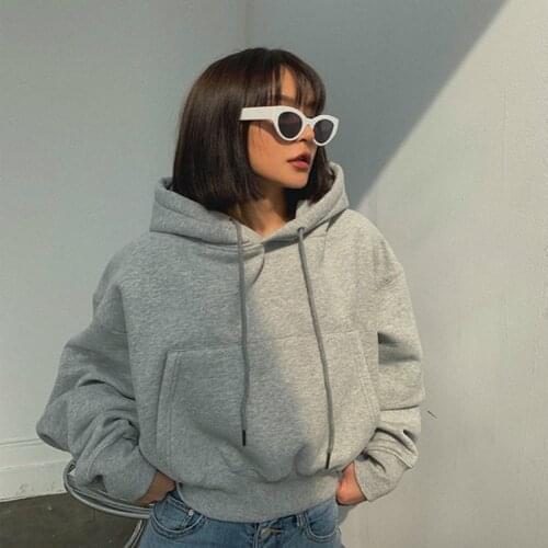 Gray Hoodies for Women Winter Warm Bottoming Sweatshirts Cropped Pullovers Autumn Loose Streetwear Youth Student Fleece Tops