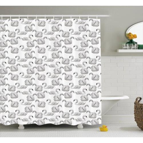 Swan Shower Curtain Sketch Art Pattern of Swimming Waterfowls Symbols of Gentility Grace and Romance Home Decor Bath Curtains