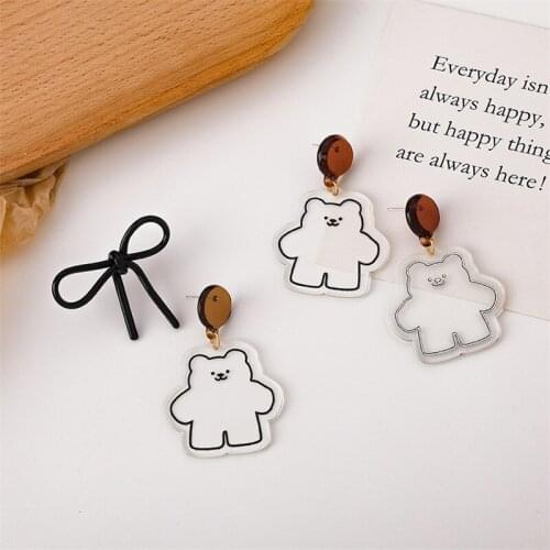 Korean New Women Girls Lovely Cartoon Bear Bow Asymmetry Drop Earrings For Women Fashion Bijoux Cute Brincos