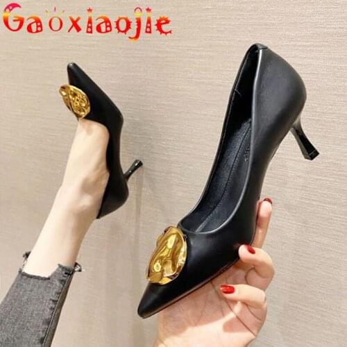 Spring And Autumn New Pointed Toe Women Pumps Fashion Metal Decoration 7CM Stiletto Shoes Everyday Office Pure Colour High Heels