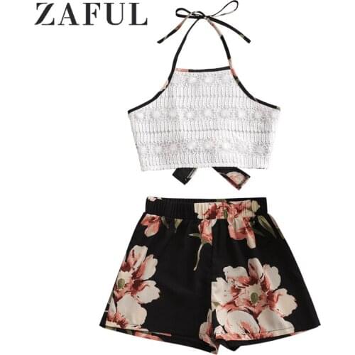 ZAFUL Elephant Floral Print Bikinis Set Women Swimsuit Sexy Lace Panel Halter Shorts Set Bathing Suit Beach Wear Bikini