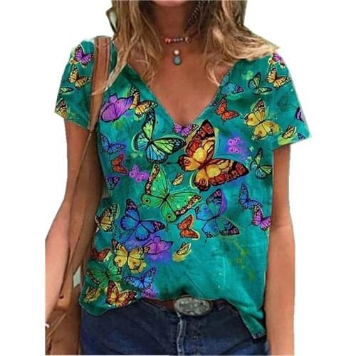 Women Summer Short Sleeve Butterfly Printed V-Neck Tops Casual Loose T-Shirts Plus Size Streetwear Pullover Top Tee