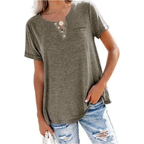 Womens Top Spring And Summer New Solid Color V-Neck Button Short-Sleeved Pocket Pullover Loose T-Shirt Casual Womens Clothing