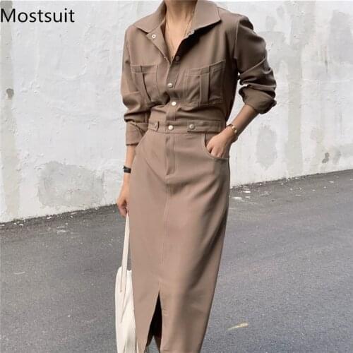 Office Korean Women Long Dress 2021 Autumn Full Sleeve Turn-down Collar Splitting Dresses Elegant Ol Style Fashion Vestidos