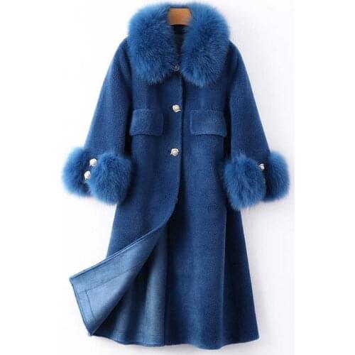 2021 Lady Real Wool Blend Fur Coat Fox Fur Collar and Cuff Winter jacket Women Warm long Outerwear Granulated velvet fur parka