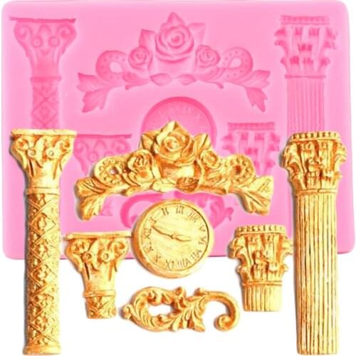 3D Relief Flower Roman Column Clock Silicone Mold DIY Cake Decorating Tools Cake Border Fondant Molds Clay Candy Chocolate Mould