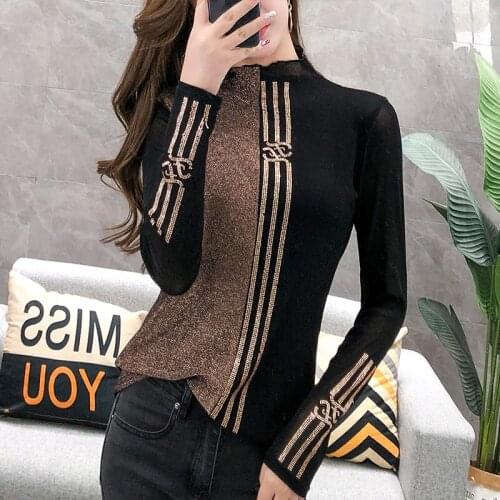 Diamonds Shiny Pullover Shirt European Fall Winter Casual Half Turtleneck Long Sleeve Fashion Unlined Women Clothing Mesh Fabric