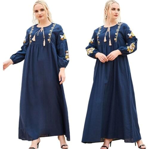 Embroidery Muslim Women Long Dress Arab Ethnic Casual Loose Abayas Islamic Clothing Ramadan Turkish Middle East Dubai Kaftan New