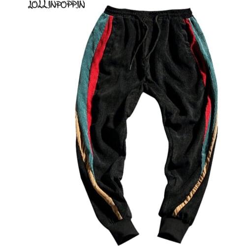 Men Corduroy Jogger Pants Side Three-Colour Stripes Elastic Waist Casual Trousers Hip Hop Streetwear Joggers Plus Size