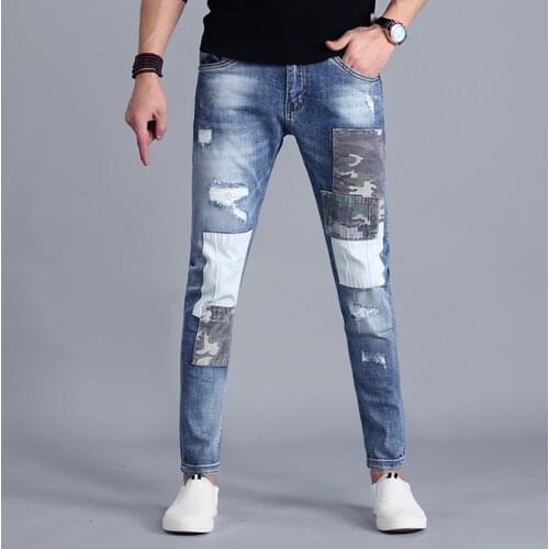 Summer Ripped Patch Jeans Men Streetwear Blue Thin Patchwork Stretch Denim Pants Fashion Slim Fit Distressed Trousers