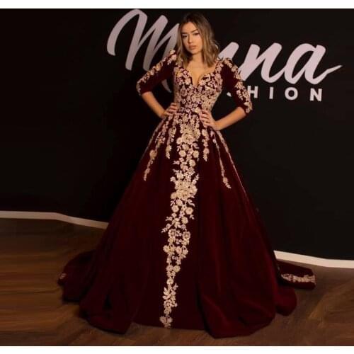 Elegant Arabic Lace Evening Dresses 1/2 Long Sleeves V-neck Velvet A-line Vestidos Formal Party Prom Gowns robes de soirée